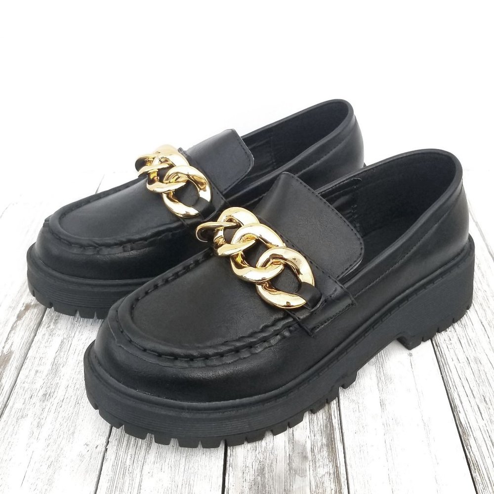 New Wide Black Gold Chain Slip On Platform Penny Loafers - Picture 2 of 3